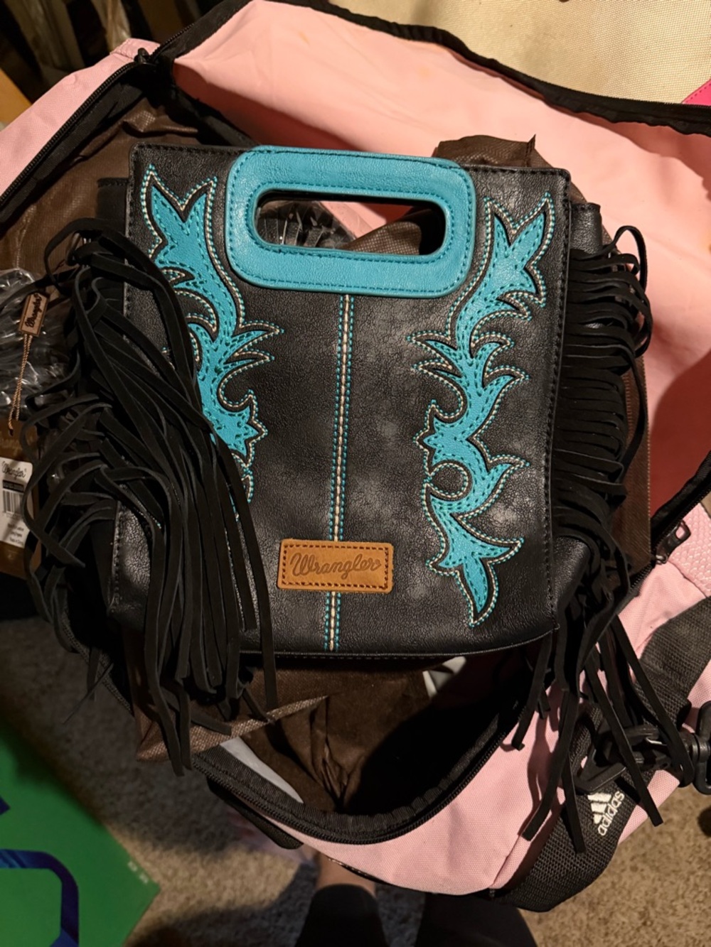 Wrangler Black Mini Fringe Bag with Turquoise Accents